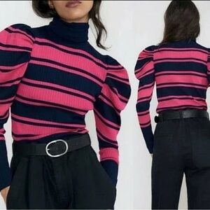 Zara Navy and Pink color blocked Striped turtleneck bodycon Small puff sleeves